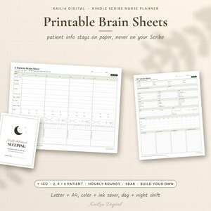 May include: A digital nurse planner set featuring printable brain sheets with grid layouts for patient information, hourly rounds, and SBAR notes. Includes a cover page with a moon graphic and the text Night shift nurse SLEEPING.