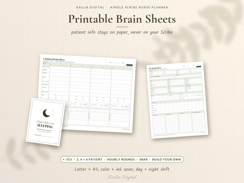 May include: A digital nurse planner set featuring printable brain sheets with grid layouts for patient information, hourly rounds, and SBAR notes. Includes a cover page with a moon graphic and the text Night shift nurse SLEEPING.