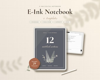 May include: An E-Ink digital notebook featuring 12 sections and 29 templates. The screen displays a dark grey cover with a fern illustration and the text 12 notebook sections. Compatible with Remarkable, Kindle Scribe, Supernote, and Boox devices.