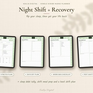 May include: Four digital tablet screens displaying a nurse planner titled Night Shift + Recovery. The pages include a Night Stretch Plan, Days Off Plan, Work Bag Checklist, and Post-Shift Reset with light green tabs and organized checklists.