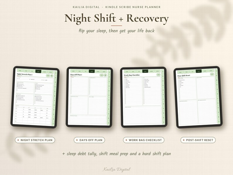 May include: Four digital tablet screens displaying a nurse planner titled Night Shift + Recovery. The pages include a Night Stretch Plan, Days Off Plan, Work Bag Checklist, and Post-Shift Reset with light green tabs and organized checklists.