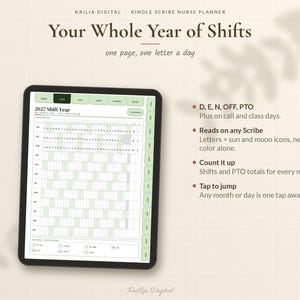 May include: A digital nurse planner for Kindle Scribe titled Your Whole Year of Shifts, featuring a 2027 shift calendar with tabs, sun and moon icons, and text explaining shift tracking, PTO totals, and tap-to-jump navigation features.
