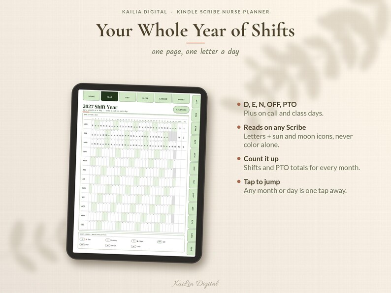 May include: A digital nurse planner for Kindle Scribe titled Your Whole Year of Shifts, featuring a 2027 shift calendar with tabs, sun and moon icons, and text explaining shift tracking, PTO totals, and tap-to-jump navigation features.