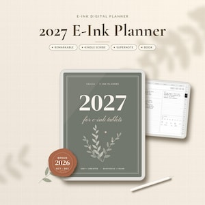 Könnte beinhalten: Ein digitaler Planer für E-Ink-Tablets mit dem Titel 2027 E-Ink Planner, mit einem salbeigrünen Einband, weißem Text und einer botanischen Illustration. Enthält einen Bonusbereich für 2026, einen Eingabestift und einen zweiten Tablet-Bildschirm.