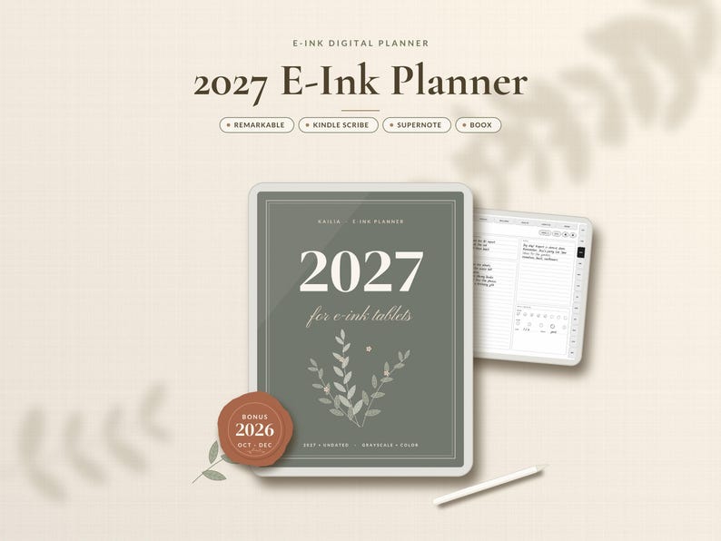 May include: A digital planner for e-ink tablets titled 2027 E-Ink Planner, featuring a sage green cover with white text and a botanical illustration. Includes a bonus 2026 section, a stylus, and a secondary tablet screen showing a lined layout.