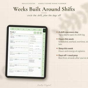 May include: A digital planner for Kindle Scribe titled Weeks Built Around Shifts, featuring a weekly schedule layout with shift logs, hours, sleep tracking, and meal prep sections. The interface includes green navigation tabs and text.