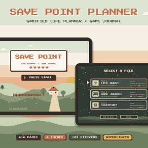 Può includere: Un'agenda digitale e diario di gioco intitolato Save Point Planner con grafica in pixel art. L'interfaccia mostra una schermata iniziale con un paesaggio e una schermata di selezione file per Life Quest, Game Journal e Inventory.