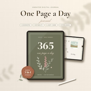 May include: An undated digital journal titled One Page a Day with a green cover featuring the text 365, a floral illustration, and a 3 in 1 bundle seal. The display shows a tablet interface with a stylus and a secondary screen showing a daily layout.