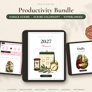 May include: A digital productivity bundle for Kindle Scribe and Scribe Colorsoft featuring three tablets displaying a 2027 planner, a daily journal, and a home dashboard. The text reads Productivity Bundle, 2,700+ pages, and 2027 Planner.