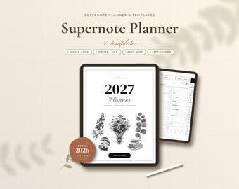 Pode incluir: Um conjunto de planejador digital Supernote e modelos com uma capa de planejador 2027 com ilustrações botânicas, um selo bônus 2026 e uma tela secundária mostrando um layout de agenda diária. O texto inclui Supernote Planner, 2027 e Manta A5 X.