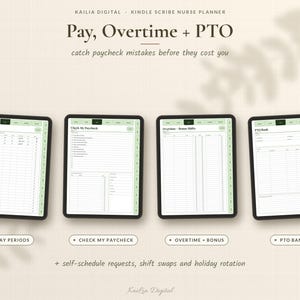 May include: Four digital tablet screens displaying a nurse planner with pages titled Pay Periods, Check My Paycheck, Overtime + Bonus Shifts, and PTO Bank. The interface features light green tabs and organized tables for tracking financial data.