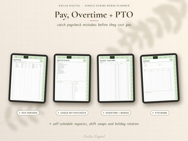 May include: Four digital tablet screens displaying a nurse planner with pages titled Pay Periods, Check My Paycheck, Overtime + Bonus Shifts, and PTO Bank. The interface features light green tabs and organized tables for tracking financial data.