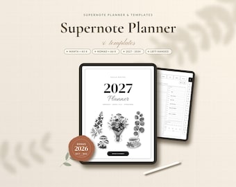 May include: A digital Supernote planner and templates set featuring a 2027 cover with botanical illustrations, a bonus 2026 section, and a white stylus. The interface displays text including Supernote Planner, 4 templates, Manta A5 X, Nomad A6 X, 2027-2034, and left-handed.