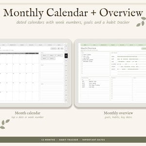 May include: A digital planner interface displayed on two screens. The left screen shows a March 2027 monthly calendar with week numbers. The right screen displays a March overview with a habit tracker, goal list, and key dates section.