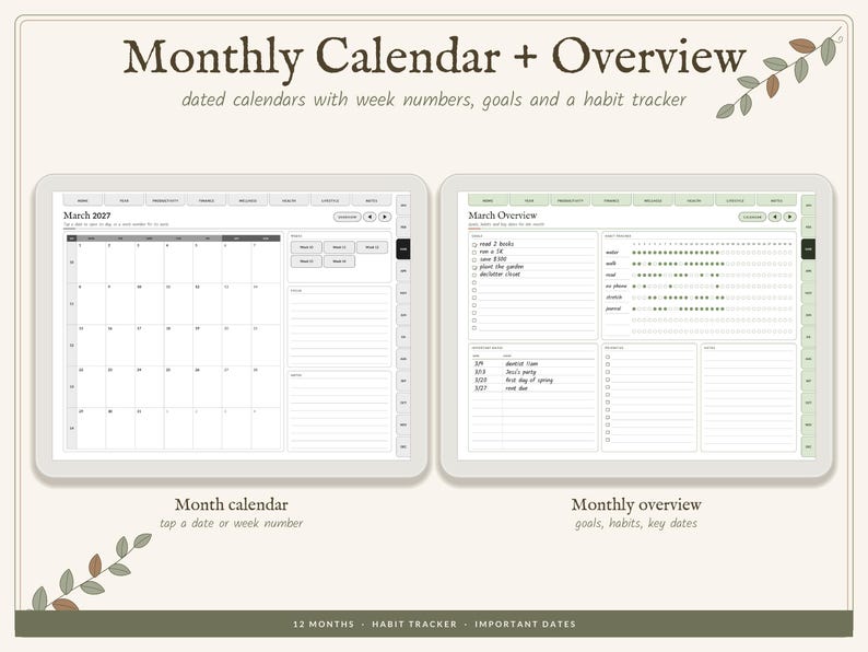 May include: A digital planner interface displayed on two screens. The left screen shows a March 2027 monthly calendar with week numbers. The right screen displays a March overview with a habit tracker, goal list, and key dates section.