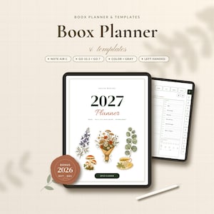 Könnte beinhalten: Ein digitaler Boox-Planer für 2027 mit botanischen Illustrationen von Blumen, Pilzen und einer Teetasse. Der Bildschirm zeigt den Text 2027 Planner sowie ein Bonus-Siegel für 2026 Okt-Dez. Enthält Vorlagen für Note Air C, Go 10.3, Go 7, Farbe, Grau und Linkshänder.