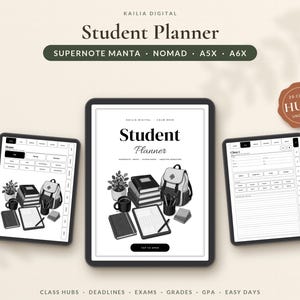 Könnte beinhalten: Ein digitaler Studentenplaner für Supernote Manta, Nomad, A5X und A6X Geräte. Die Benutzeroberfläche zeigt eine Titelseite mit Rucksack, Büchern und einer Pflanze sowie interne Seiten mit Kurs-Hubs, Fristen und Notenverfolgung.
