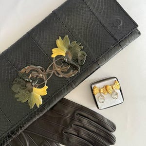 Vintage Alain Fourdraine Paris Genuine Python Snakeskin Clutch, Black Leather Bag with Hand-Painted Art Nouveau Floral Clasp, Rare Piece