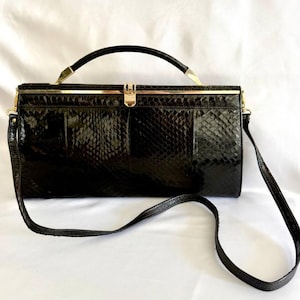 1960s Rare Vintage Genuine Python Snakeskin Handbag – Gold Frame Clutch with Hidden Built-In Mirror- Top Handle & Crossbody Bag – Rare Piece