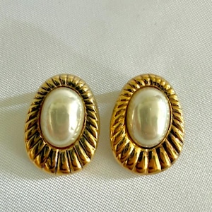 Vintage Italian 925 Sterling Silver Vermeil Clip-On Earrings | Faux Pearl Statement Earrings | CAM-BER | Made in Italy | 1980s