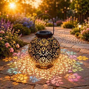 Può includere: Una lanterna solare sferica con una struttura in metallo scuro caratterizzata da intricati motivi floreali ritagliati. La lanterna emette una luce calda che proietta ombre colorate e dettagliate a forma di fiore sul pavimento in pietra.
