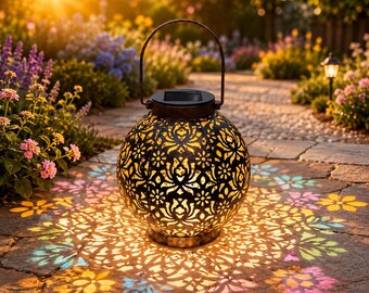 Solar Garden Lantern Outdoor Waterproof LED Light, Decorative Metal Hanging Lantern with Floral Projection for Patio & Yard