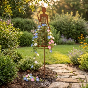 Vintage Lady Garden Trellis Stake | Climbing Vine Flower Support | Rustic Metal Yard Decor | Outdoor Courtyard Garden Ornament