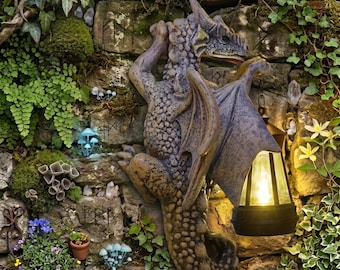 Farol de pared solar con forma de dragón DRD10 | Lámpara de pared de resina con forma de dragón | Decoración de jardín fantástica | Escultura de pared solar LED para exteriores e interiores | Regalo gótico