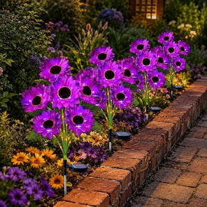 Puede incluir: Un conjunto de luces solares de jardín con forma de girasoles morados con centros oscuros. Cada flor está montada sobre un tallo verde delgado con un pequeño panel solar en la base, dispuestas en fila a lo largo de un borde de ladrillo.