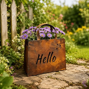 Peut inclure: Une jardinière rectangulaire en métal couleur rouille avec deux poignées arquées. Le panneau avant présente le mot Hello dans une police cursive noire et une petite découpe en forme de papillon. Elle contient des fleurs aster violettes.
