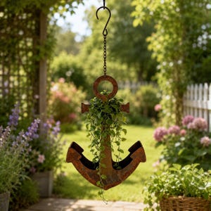 Rusty Iron Anchor Hanging Planter | Nautical Wall Flower Pot | Outdoor Garden Fence Decor | Rustic Metal Plant Holder | Beach House Deco