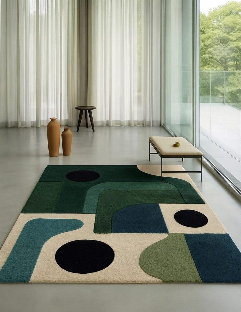 Green Solid Pattern Rug Hand Tufted Wool Rug, Modern Green Geometric Abstract Carpet ...