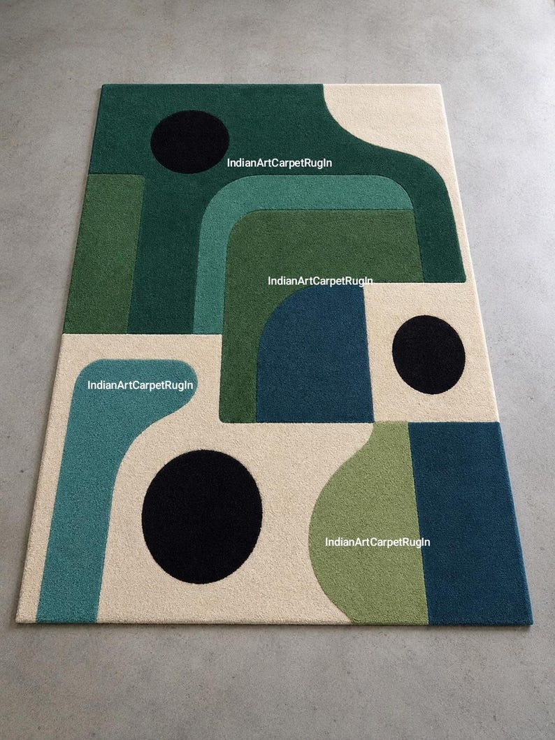 Green Solid Pattern Rug Hand Tufted Wool Rug, Modern Green Geometric Abstract Carpet ...