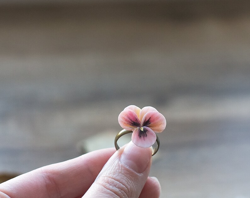 Pansy floral ring flower jewelry viola botanical delicate pink polymer clay romantic