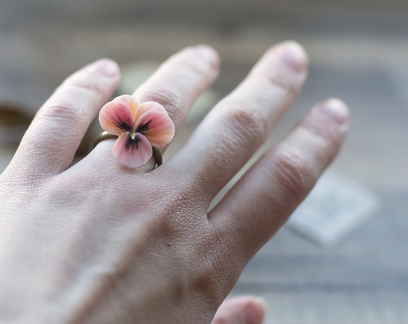 Pansy floral ring flower jewelry viola botanical delicate pink polymer clay romantic