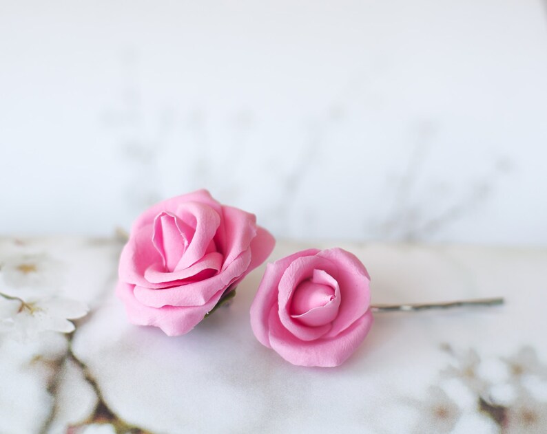 wedding hair piece flower girl bridal pink rose romantic bridesmaid floral unique handmade gift set Shabby chic flower hair clips