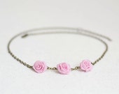 Pink Roses Necklace - flower necklace, antique bronze necklace, bridal, bridesmaids gift