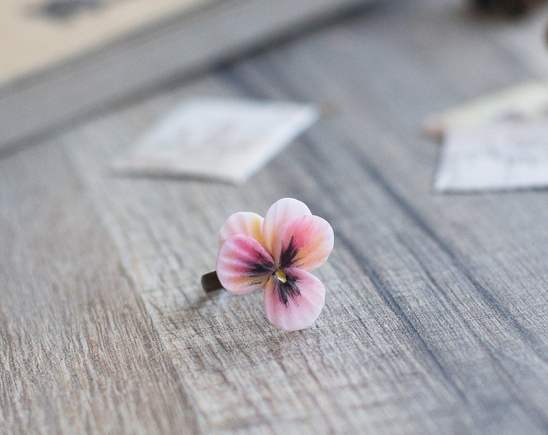 Pansy floral ring flower jewelry viola botanical delicate pink polymer clay romantic