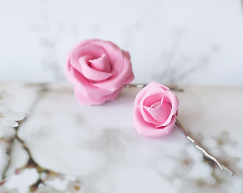 wedding hair piece flower girl bridal pink rose romantic bridesmaid floral unique handmade gift set Shabby chic flower hair clips