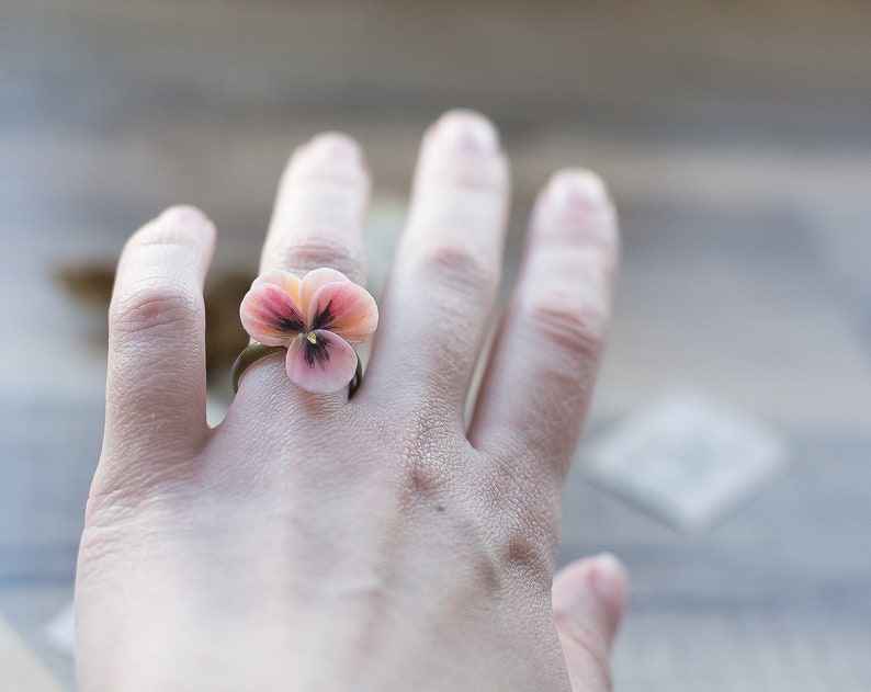 Pansy floral ring flower jewelry viola botanical delicate pink polymer clay romantic