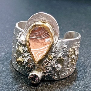 Adjustable Mokume Gane ring with white topaz, reticulated silver and mokume gane ring, ancient Japanese Mokume Gane ring