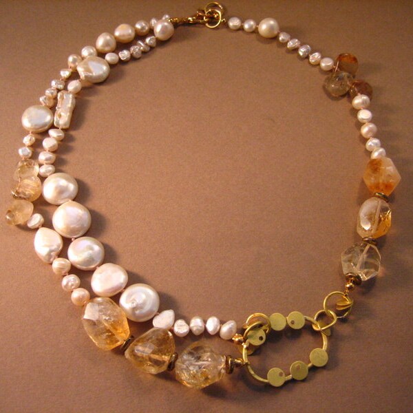 Brazilian citrine and pearl necklace with golden paillettes, hammered gold statement necklace with pearls and citrine, unique pearl necklace