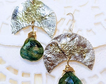 Green labradorite texturized earrings, two toned moon artisan earrings, moon shaped rustic earrings