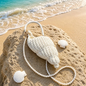 May include: A white crocheted handbag shaped like a conch shell, featuring a braided white handle and a long strap made of small white faux pearls. The bag is accompanied by two small, white, fan-shaped seashell accents on the textured surface.