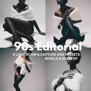 Op de afbeelding: Een digitaal productdisplay met vier zwart-witfoto's van een persoon die een witte imitatiebont stola en zwarte kleding draagt. De tekst bevat PACK NO. 01 // PREMIUM PRESETS, 90s Editorial, 6 LIGHTROOM & CAPTURE ONE PRESETS MOBILE & DESKTOP.