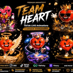 5 animaciones de Team Heart para TikTok LIVE | WebM transparente | OBS, TikTok Studio, TikFinity, Tiktory | Paquete de superposiciones para transmisiones