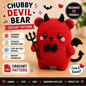 May include: A red crocheted bear with black horns, wings, a tail, and a bow tie, holding a black trident. The text reads CHUBBY DEVIL BEAR CROCHET PATTERN, BEGINNER FRIENDLY, DETAILED INSTRUCTIONS, STEP-BY-STEP PHOTOS, INSTANT DOWNLOAD, and Cute & Kawaii.