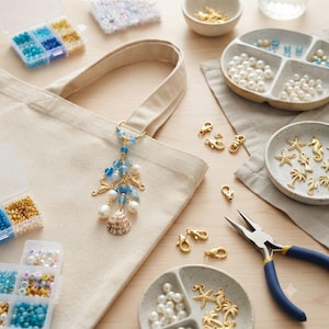 Kit de création de breloques pour sac coquillages de plage, perles bleues et dorées, accessoires porte-clés DIY océan