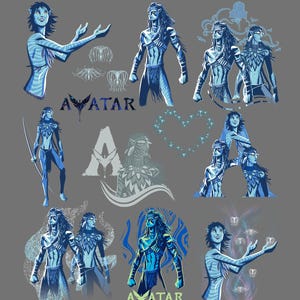 Puede incluir: Una colección de ilustraciones en tonos azules que presentan personajes Na'vi de Avatar, incluyendo varias poses, retratos y el logotipo de Avatar. La obra muestra personajes con piel rayada, cabello largo y vestimenta tradicional sobre un fondo gris.