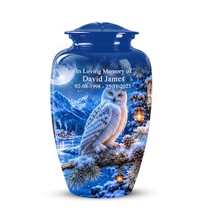 Schnee Eule Erinnerungsurne, Winter Landschaft Urne, Aluminium Tribute